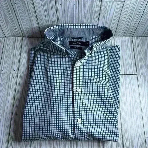 Men's Nautica Size XL Slim Fit blue/white check button collar button down shirt - Picture 11 of 11